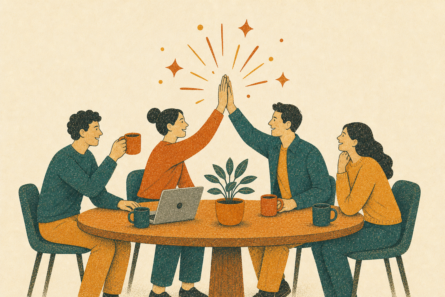 Illustration of a small team around a work table celebrating, two colleagues sharing a high five while the others look on.