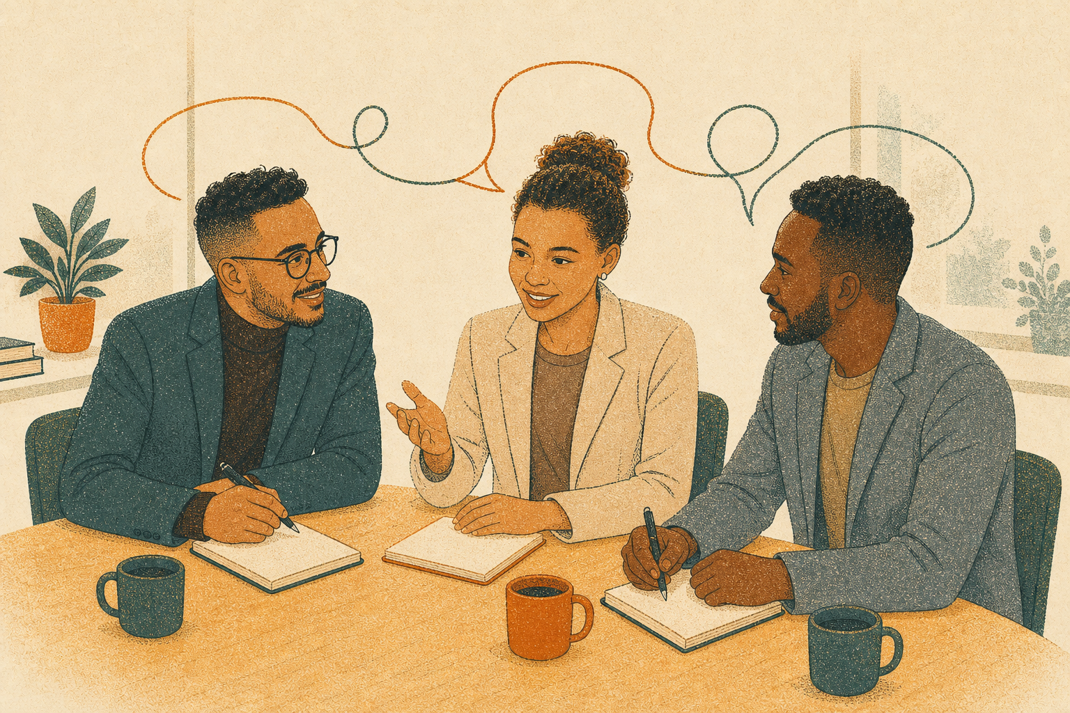 Illustration of three colleagues around a table listening and sharing feedback, with notebooks and coffee mugs.