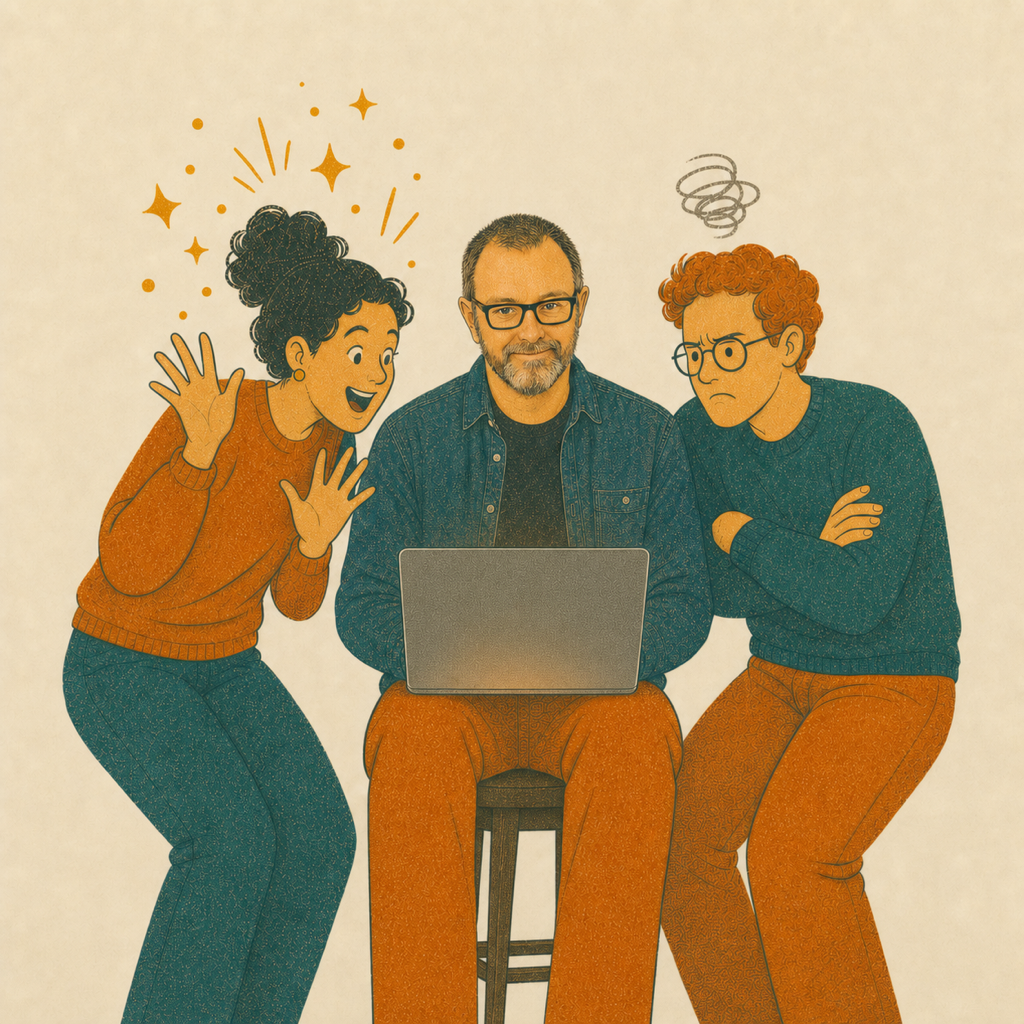Illustration of a calm engineering manager with a laptop squeezed between an over-excited colleague and a sceptical colleague with folded arms.
