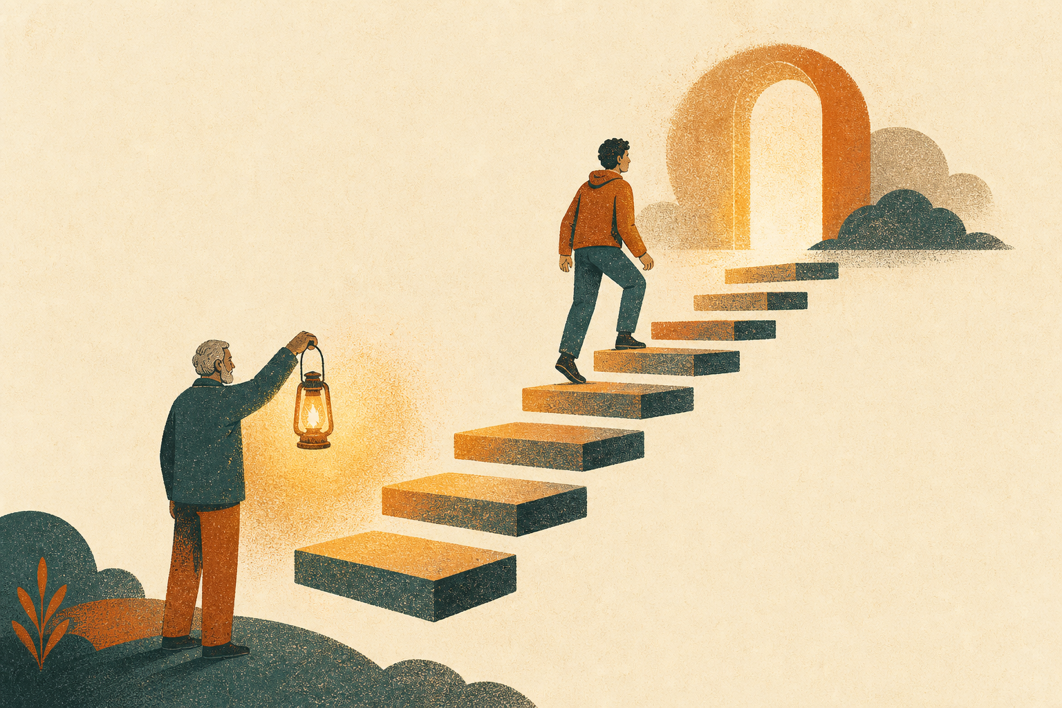 Illustration of a mentor holding a lantern to light floating steps that a younger figure climbs.