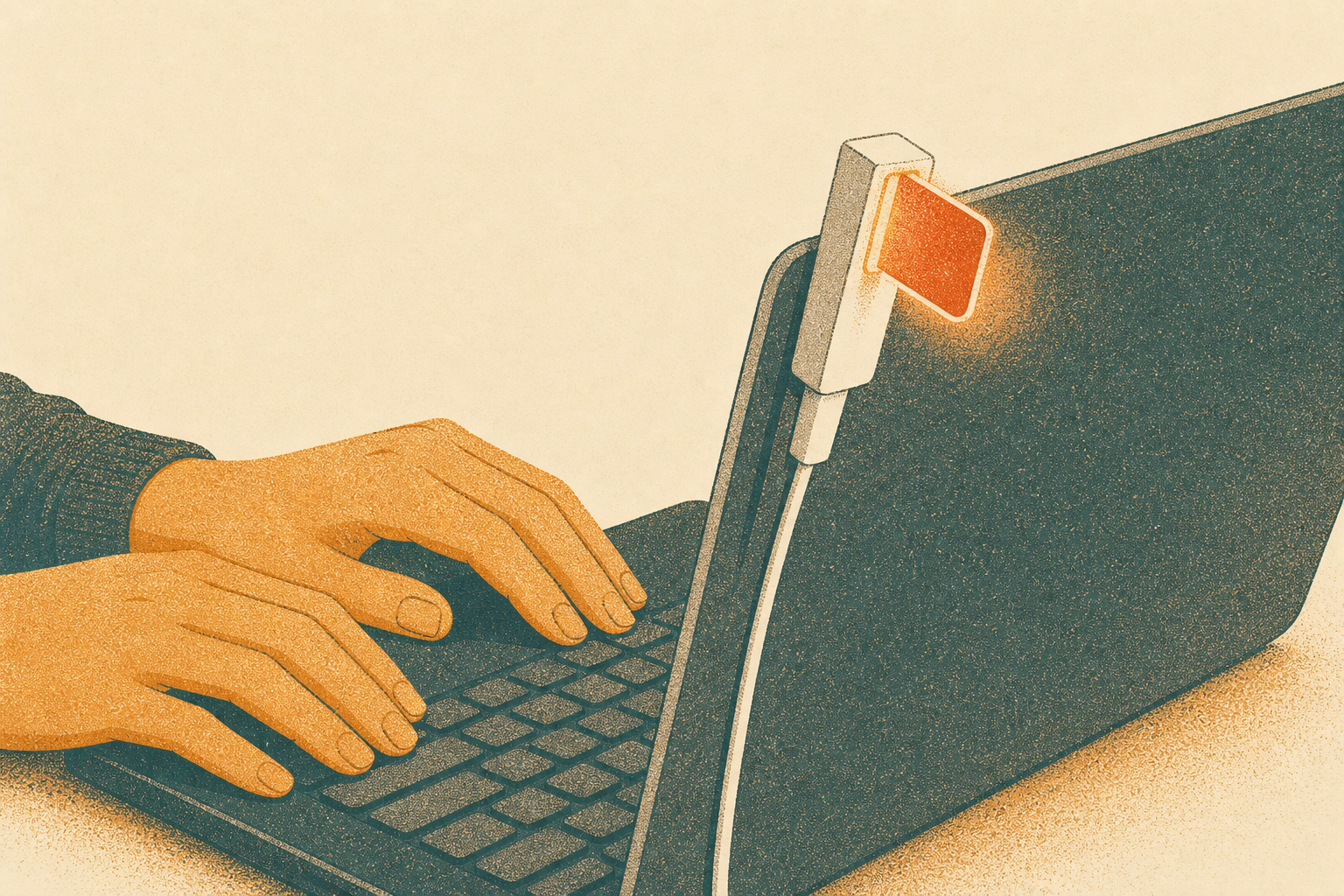 Illustration of a small USB busy-light with a glowing red flag-shaped tip plugged into a laptop, hands resting on the keyboard.