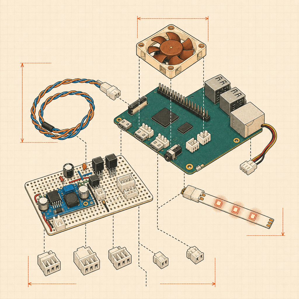 Exploded technical sketch of the tally light parts on graph paper: Raspberry Pi, cooling fan, prototyping board, LED strip and twisted wires.