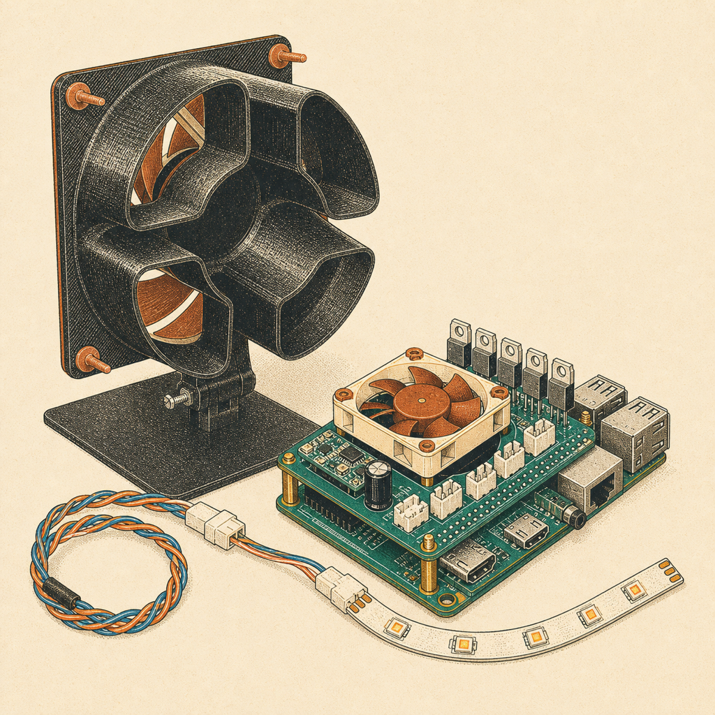 Illustration of an exposed Raspberry Pi with a custom fan-control HAT, LED strip and separate ducted desk fan.