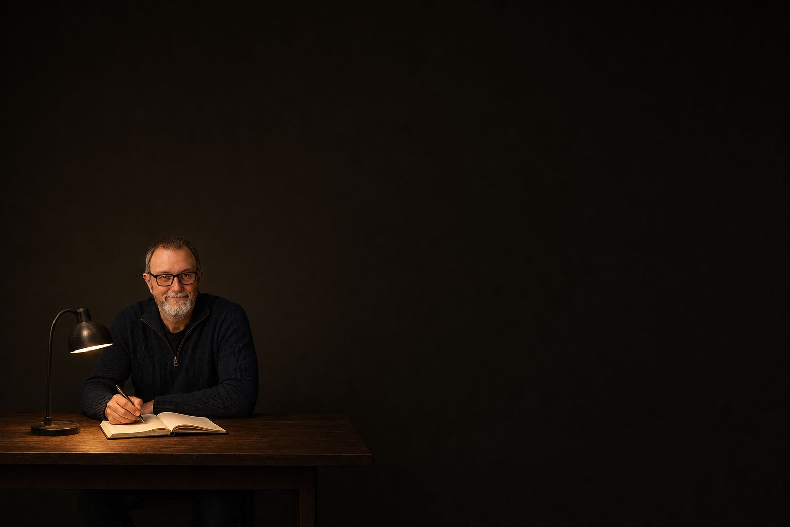 Seen from across a dark room, James Rumkee looks up from his notebook at a desk lit by a single warm lamp.