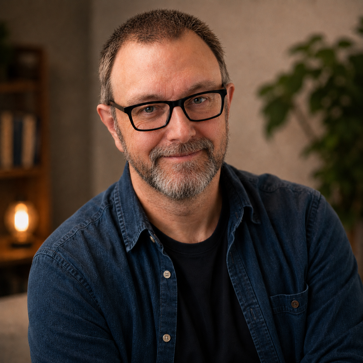 James Rumkee smiling in a warmly lit room, wearing a denim shirt.