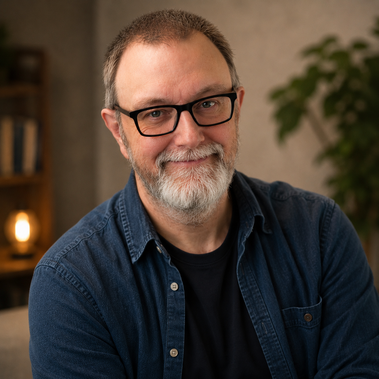 James Rumkee smiling in a warmly lit room, wearing a denim shirt.