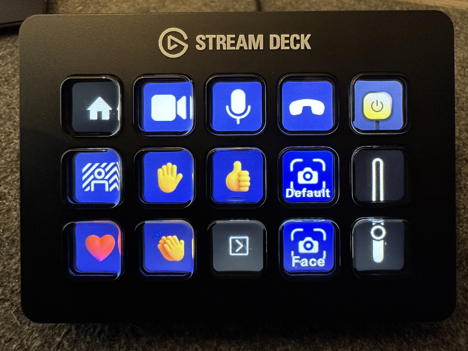 James's photo of his Stream Deck during a Teams call, keys showing camera, microphone, hang up and reaction buttons in Teams blue.