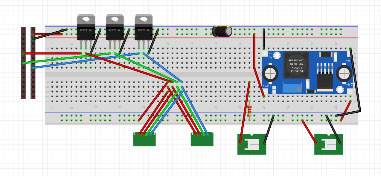 James's Fritzing breadboard schematic: Pi headers on the left, three MOSFETs, a capacitor, a buck converter, and connectors for two LED strips, a fan and power.