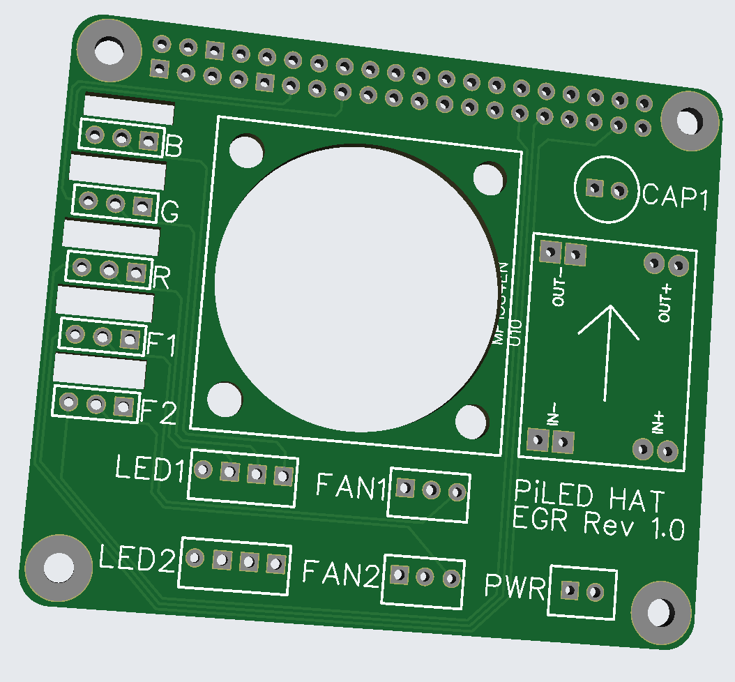 EasyEDA 3D render of the square green PiLED HAT PCB with a central fan opening and labelled connector positions.