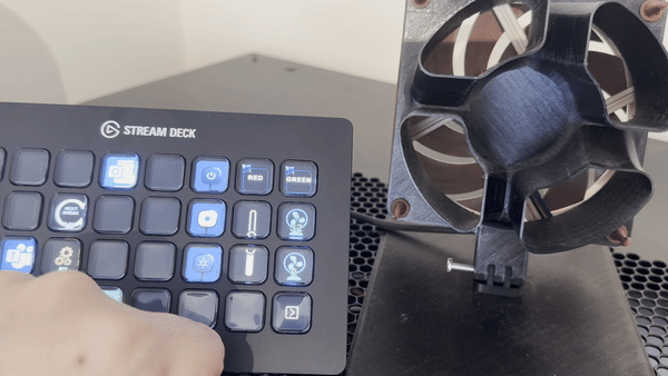 Animated demonstration of a Stream Deck button toggling the large desk fan on and off.